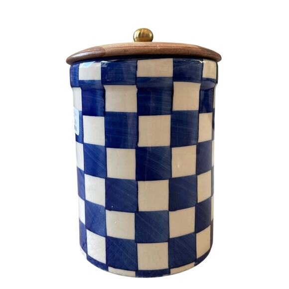 Hand Painted Checkered Ceramic Canister w/ Wood Lid Made in India Blue White NEW - Picture 4 of 16